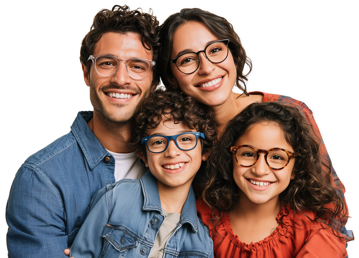 A family of four smiling and posing together, each wearing a different style of eyeglasses. The set includes a man in a blue denim shirt, a woman in a rust-colored top, a young boy in a light denim jacket, and a young girl in a rust-orange top.